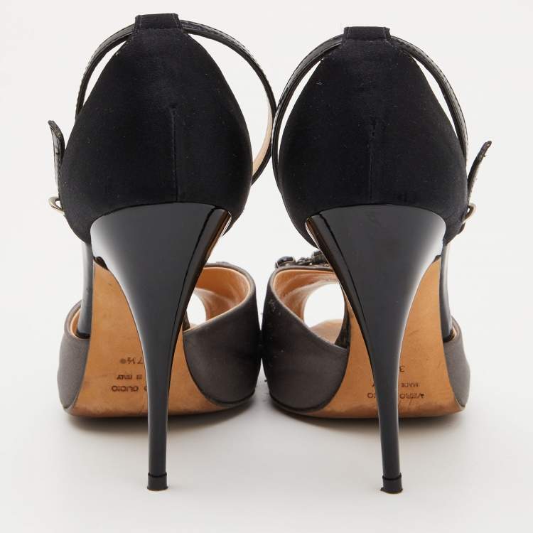 Pre Owned Giuseppe Zanotti Grey/Black Satin and Patent Leather Crystal Embellished Ankle Strap Sandals Size 37.5