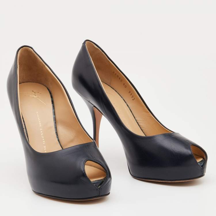 Pre Owned Giuseppe Zanotti Dark Blue Leather Peep Toe Pumps Size 40