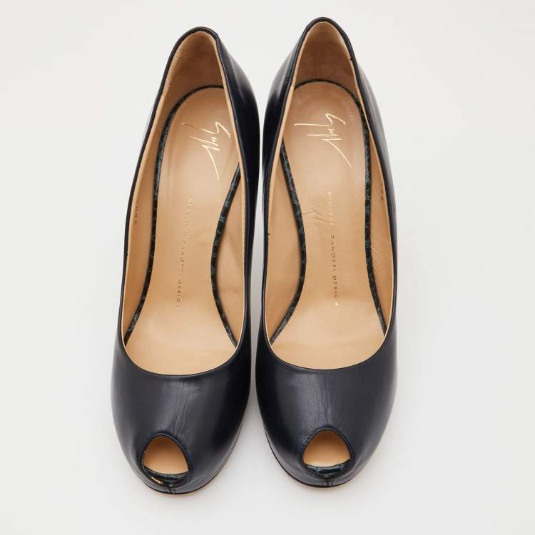 Pre Owned Giuseppe Zanotti Dark Blue Leather Peep Toe Pumps Size 40