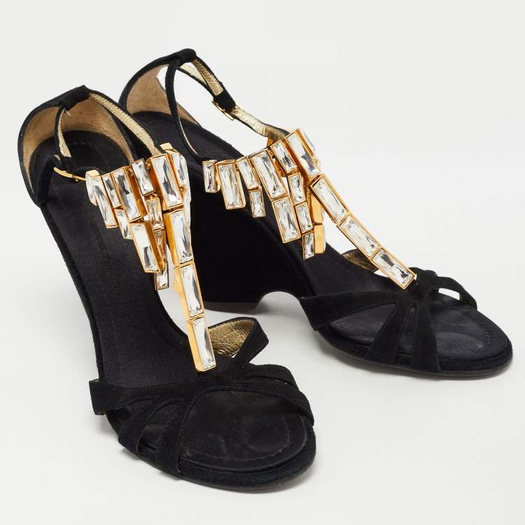 Pre Owned Giuseppe Zanotti Black  Suede Crystal Embellished Ankle Strap Sandals Size 38.5