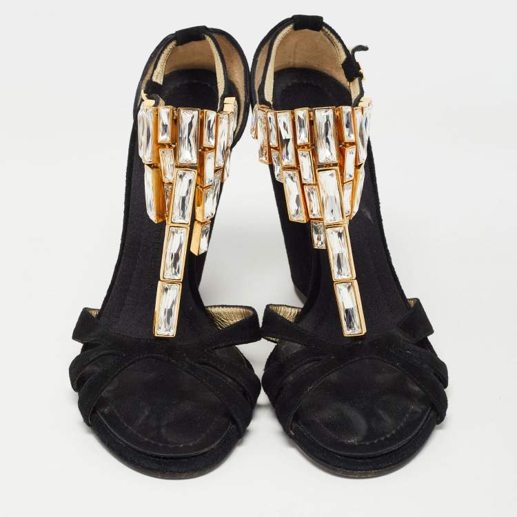 Pre Owned Giuseppe Zanotti Black  Suede Crystal Embellished Ankle Strap Sandals Size 38.5