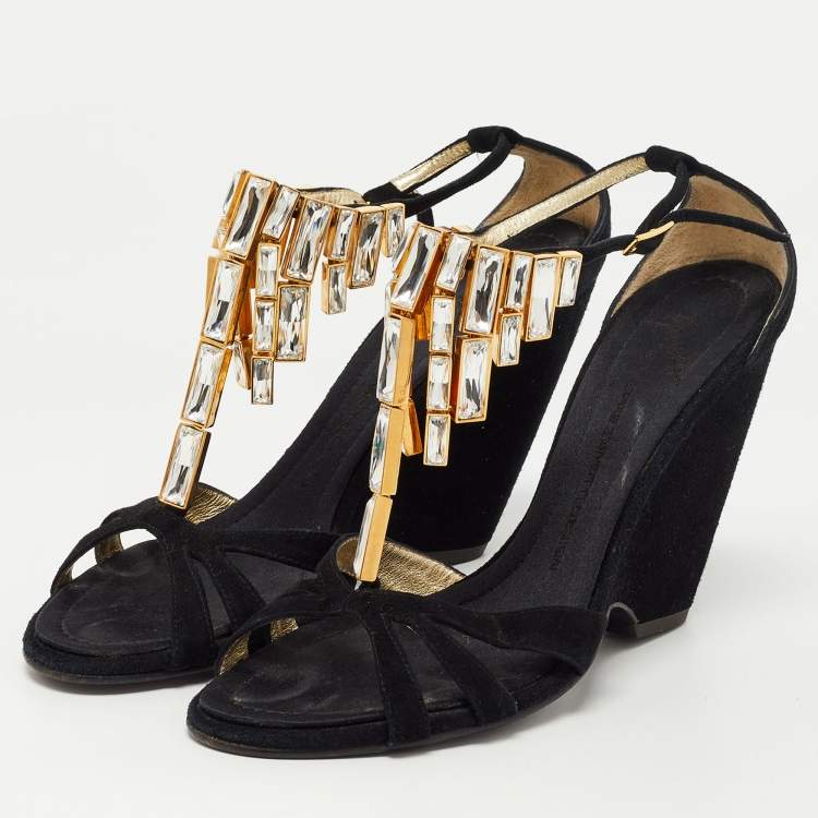 Pre Owned Giuseppe Zanotti Black  Suede Crystal Embellished Ankle Strap Sandals Size 38.5