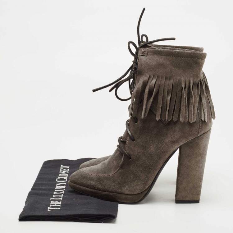 Pre Owned Giuseppe Zanotti Grey Suede Fringe Detail Ankle Booties Size 38