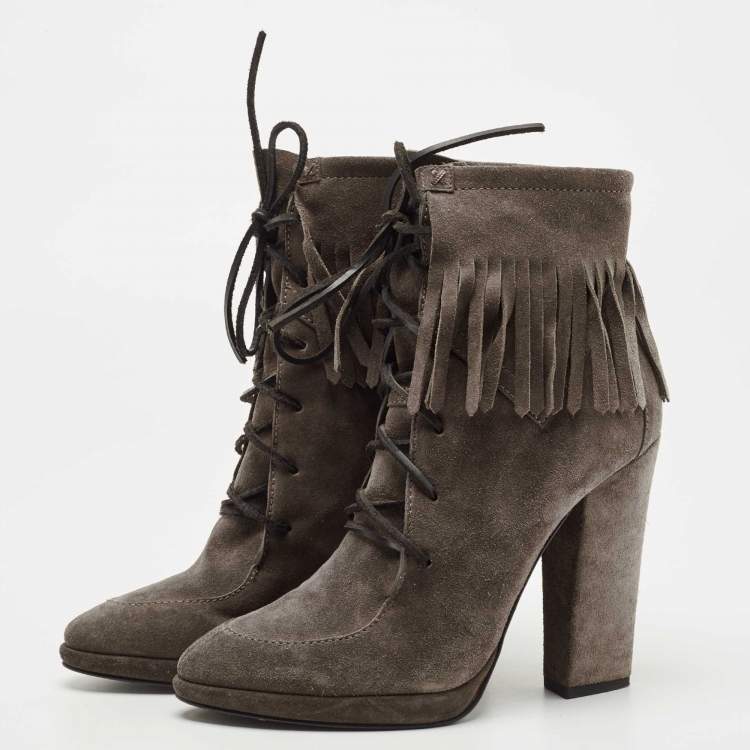 Pre Owned Giuseppe Zanotti Grey Suede Fringe Detail Ankle Booties Size 38