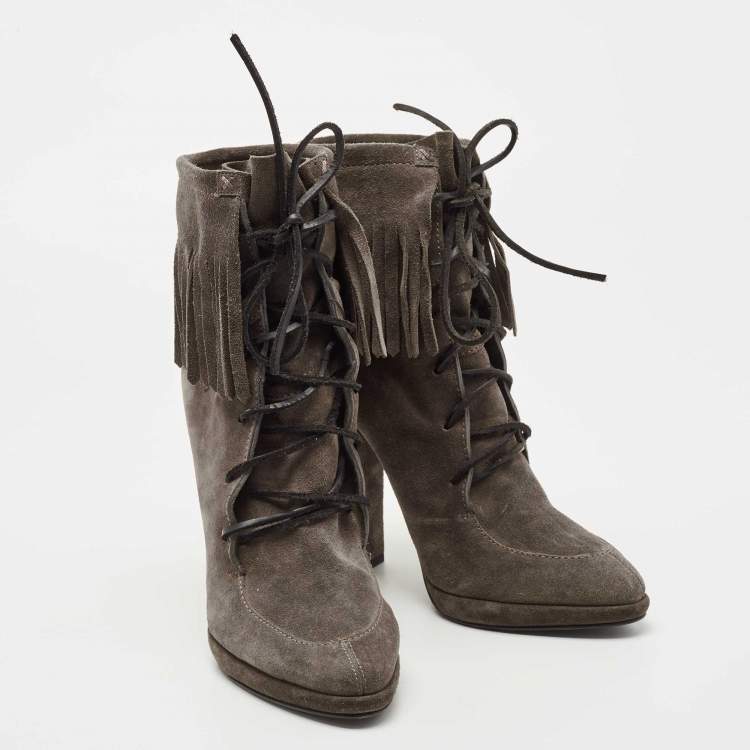 Pre Owned Giuseppe Zanotti Grey Suede Fringe Detail Ankle Booties Size 38