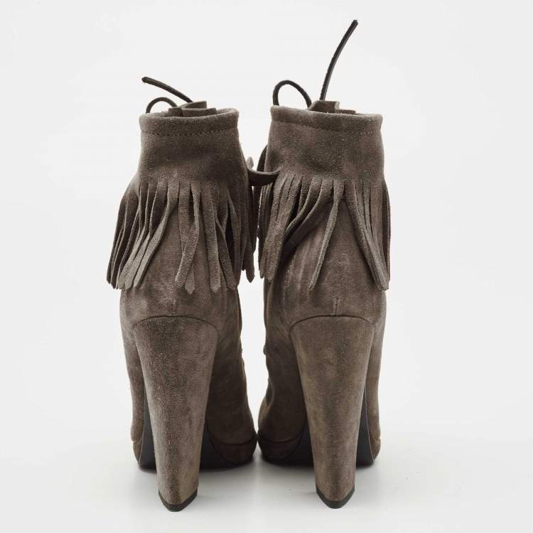 Pre Owned Giuseppe Zanotti Grey Suede Fringe Detail Ankle Booties Size 38