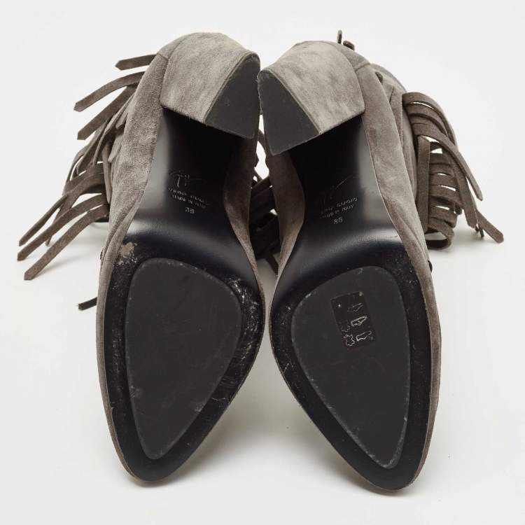 Pre Owned Giuseppe Zanotti Grey Suede Fringe Detail Ankle Booties Size 38