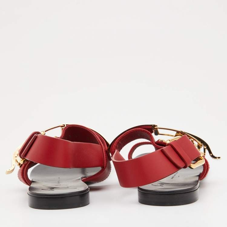 Pre Owned Giuseppe Zanotti Red Leather Toe Ring Buckle Slingback Flat Sandals Size 37