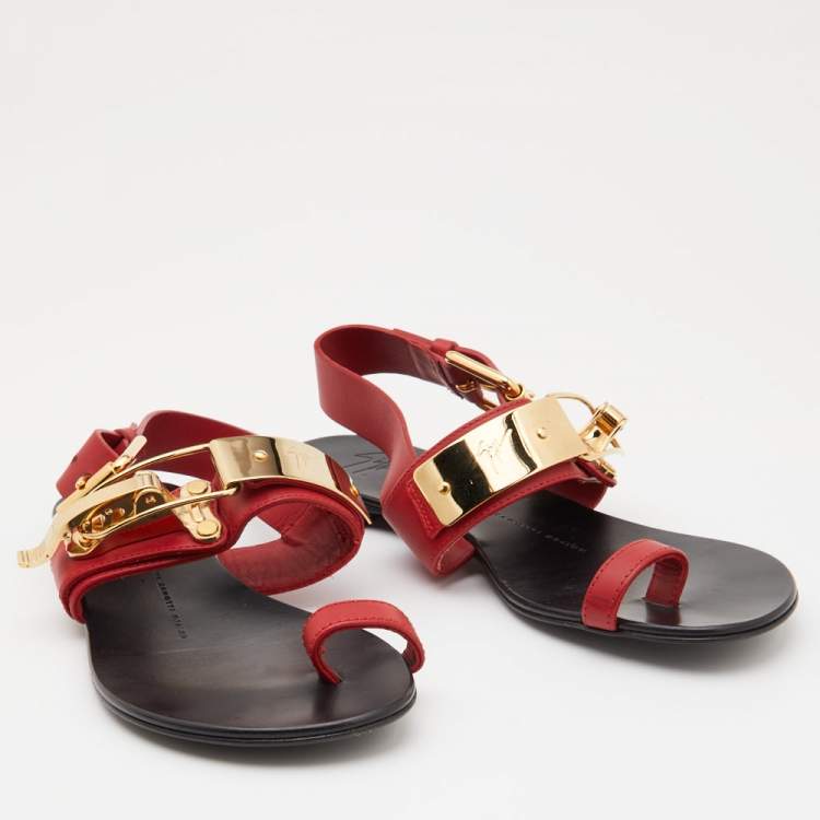 Pre Owned Giuseppe Zanotti Red Leather Toe Ring Buckle Slingback Flat Sandals Size 37