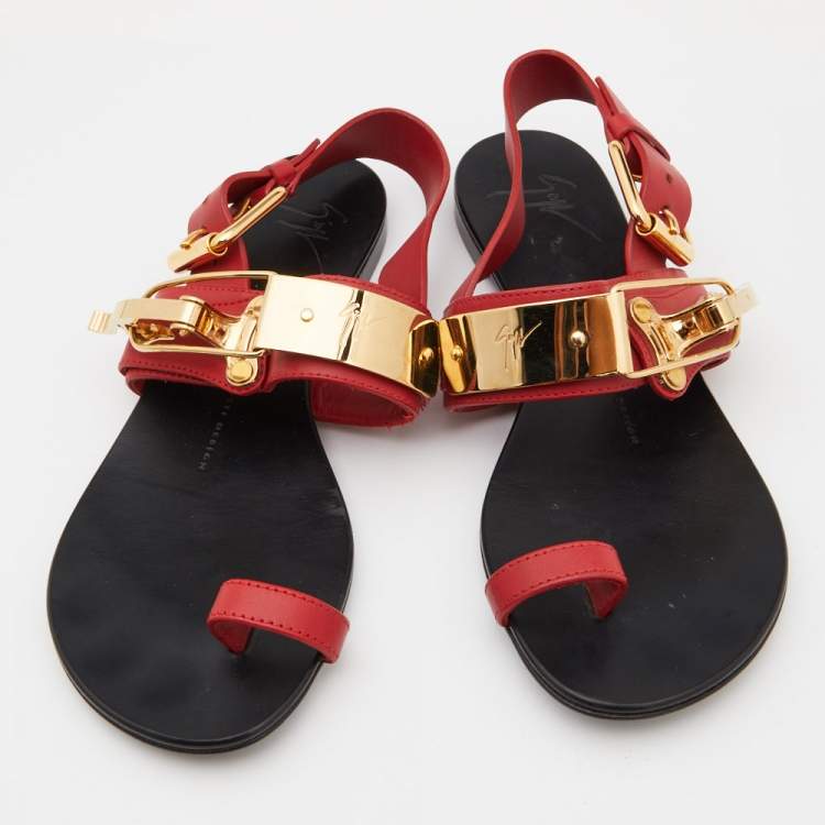 Pre Owned Giuseppe Zanotti Red Leather Toe Ring Buckle Slingback Flat Sandals Size 37