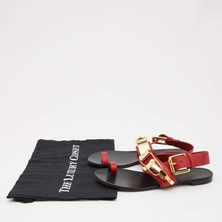 Pre Owned Giuseppe Zanotti Red Leather Toe Ring Buckle Slingback Flat Sandals Size 37