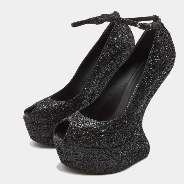 Pre Owned Giuseppe Zanotti Black Glitter Heelless Peep Toe Ankle Strap Pumps Size 41
