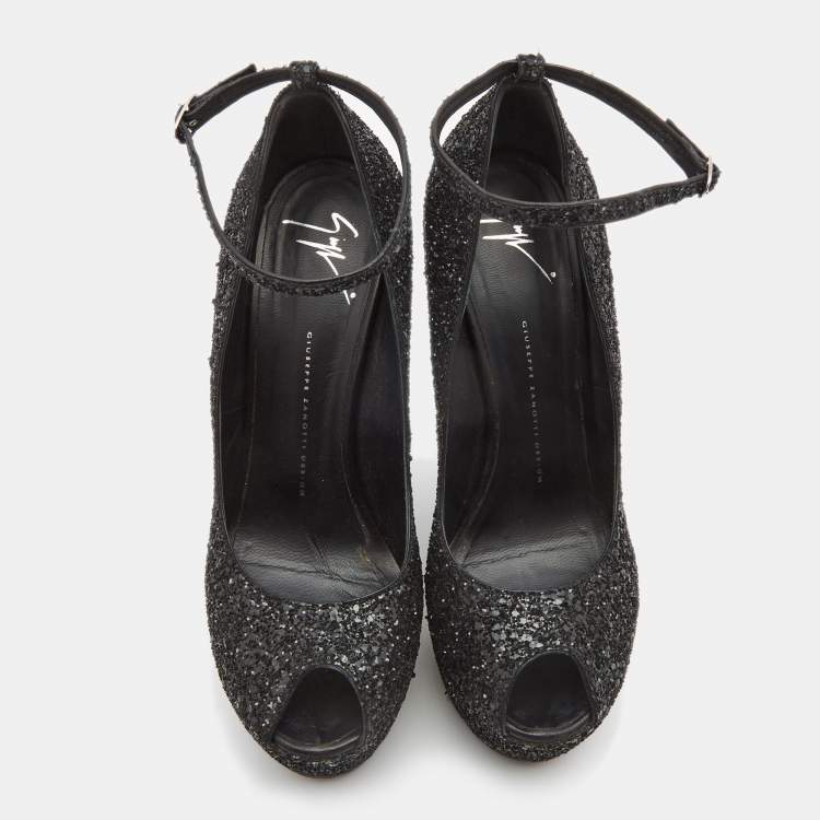 Pre Owned Giuseppe Zanotti Black Glitter Heelless Peep Toe Ankle Strap Pumps Size 41