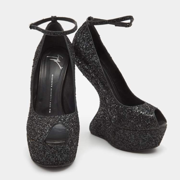 Pre Owned Giuseppe Zanotti Black Glitter Heelless Peep Toe Ankle Strap Pumps Size 41