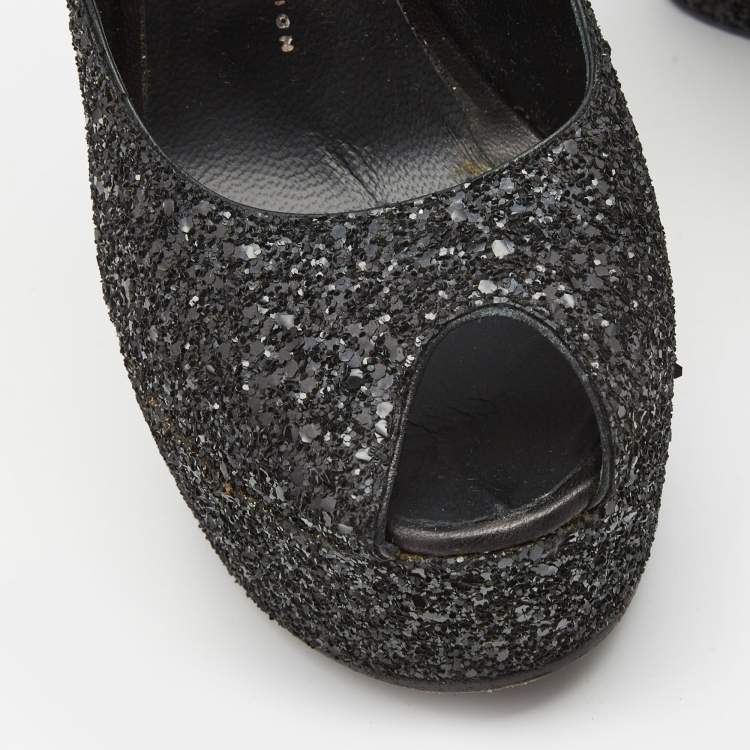 Pre Owned Giuseppe Zanotti Black Glitter Heelless Peep Toe Ankle Strap Pumps Size 41