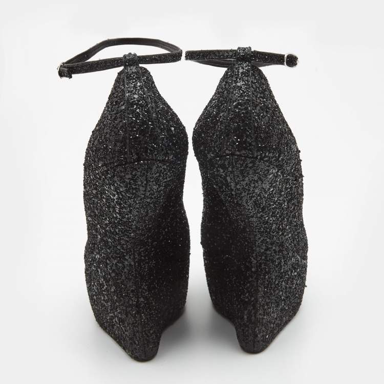 Pre Owned Giuseppe Zanotti Black Glitter Heelless Peep Toe Ankle Strap Pumps Size 41