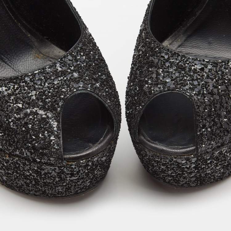 Pre Owned Giuseppe Zanotti Black Glitter Heelless Peep Toe Ankle Strap Pumps Size 41