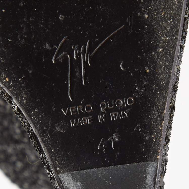 Pre Owned Giuseppe Zanotti Black Glitter Heelless Peep Toe Ankle Strap Pumps Size 41