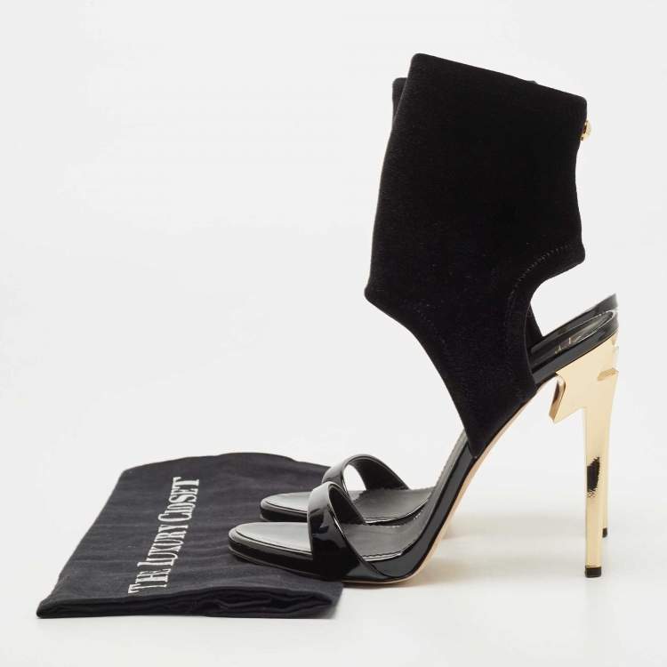 Pre Owned Giuseppe Zanotti Black Patent Leather and Velvet Ankle Cuff Sandals Size 38