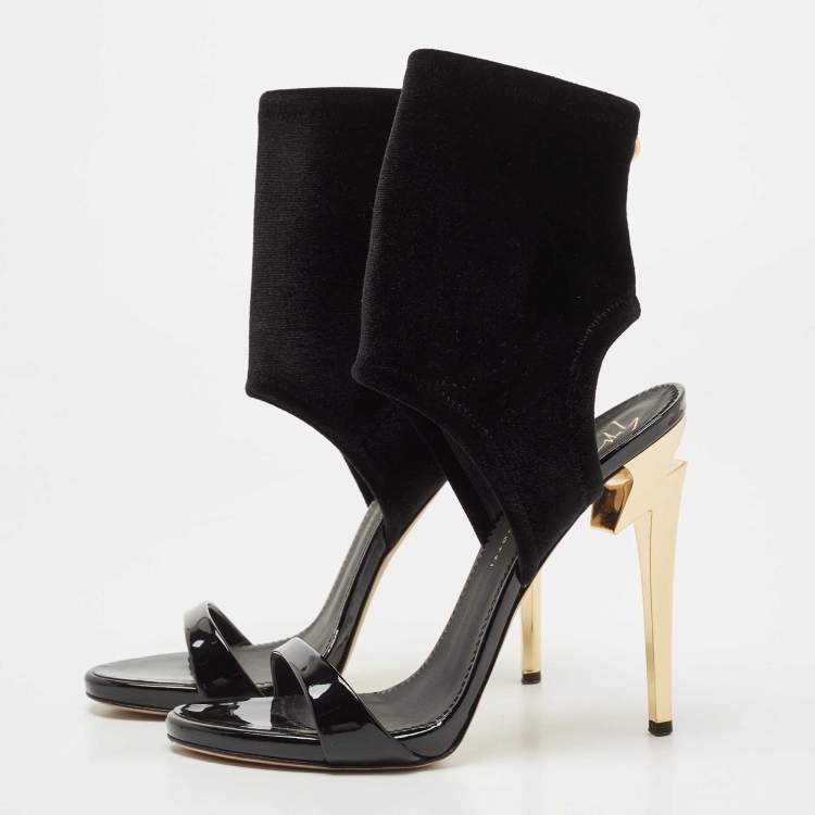 Pre Owned Giuseppe Zanotti Black Patent Leather and Velvet Ankle Cuff Sandals Size 38