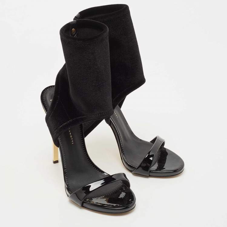 Pre Owned Giuseppe Zanotti Black Patent Leather and Velvet Ankle Cuff Sandals Size 38