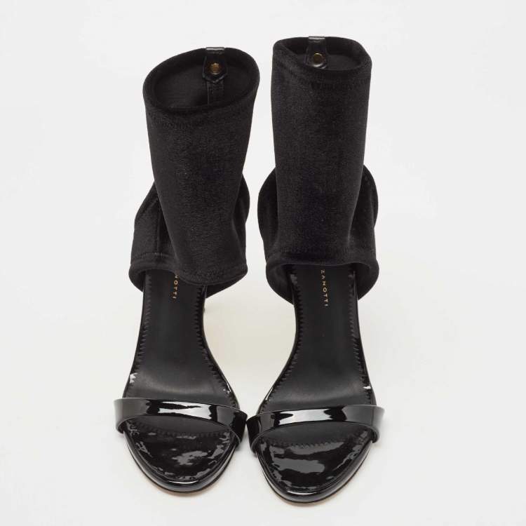 Pre Owned Giuseppe Zanotti Black Patent Leather and Velvet Ankle Cuff Sandals Size 38