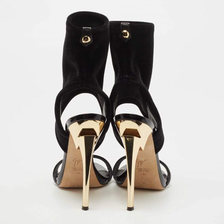 Pre Owned Giuseppe Zanotti Black Patent Leather and Velvet Ankle Cuff Sandals Size 38