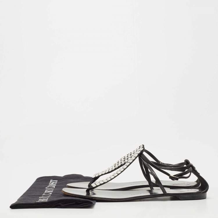 Pre Owned Giuseppe Zanotti Silver/Black Leather and Crystal Ankle Strap Flats Size 40