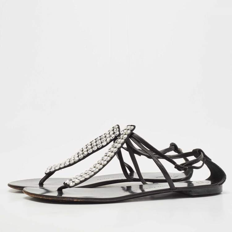 Pre Owned Giuseppe Zanotti Silver/Black Leather and Crystal Ankle Strap Flats Size 40