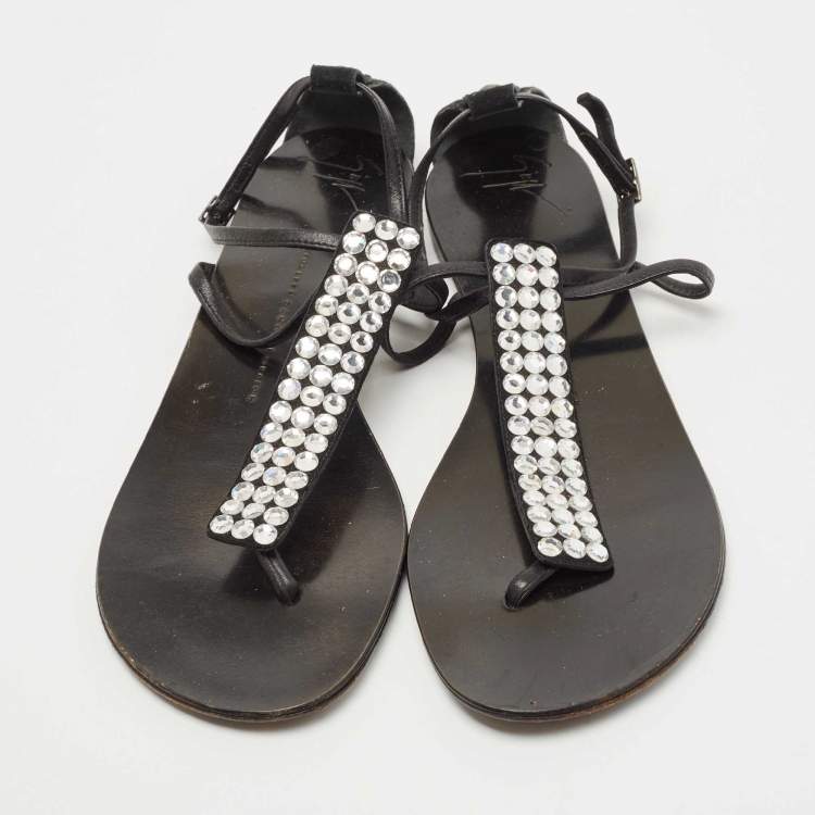 Pre Owned Giuseppe Zanotti Silver/Black Leather and Crystal Ankle Strap Flats Size 40