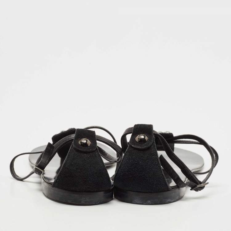 Pre Owned Giuseppe Zanotti Silver/Black Leather and Crystal Ankle Strap Flats Size 40