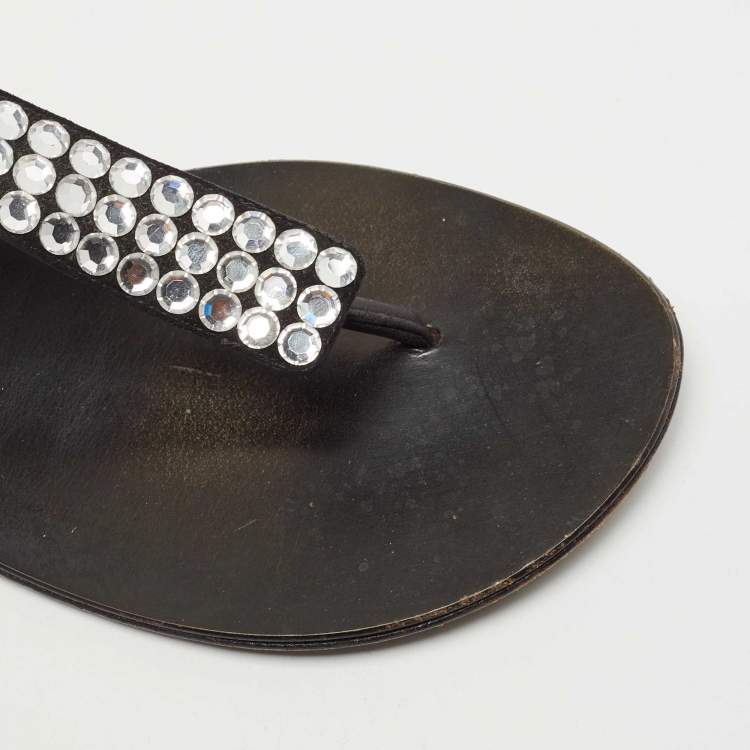 Pre Owned Giuseppe Zanotti Silver/Black Leather and Crystal Ankle Strap Flats Size 40