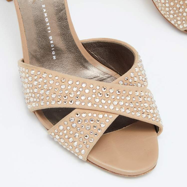 Pre Owned Giuseppe Zanotti Beige Suede Crystal Embellished Slide Sandals Size 40.5