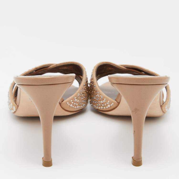 Pre Owned Giuseppe Zanotti Beige Suede Crystal Embellished Slide Sandals Size 40.5