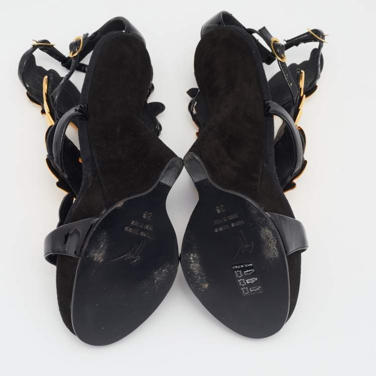 Pre Owned Giuseppe Zanotti Black/Gold Patent Leather and Suede Cruel Summer Sandals Size 39