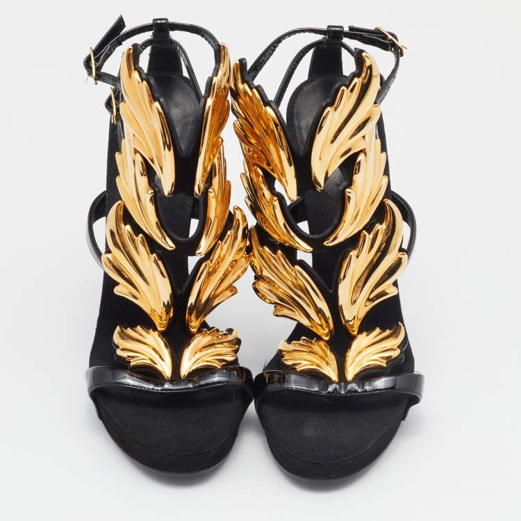Pre Owned Giuseppe Zanotti Black/Gold Patent Leather and Suede Cruel Summer Sandals Size 39