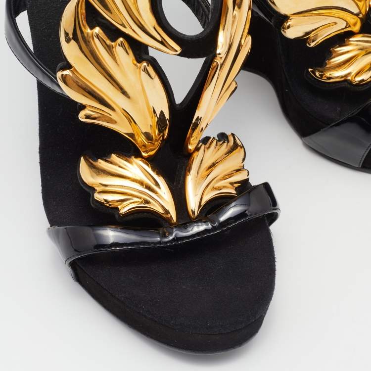 Pre Owned Giuseppe Zanotti Black/Gold Patent Leather and Suede Cruel Summer Sandals Size 39