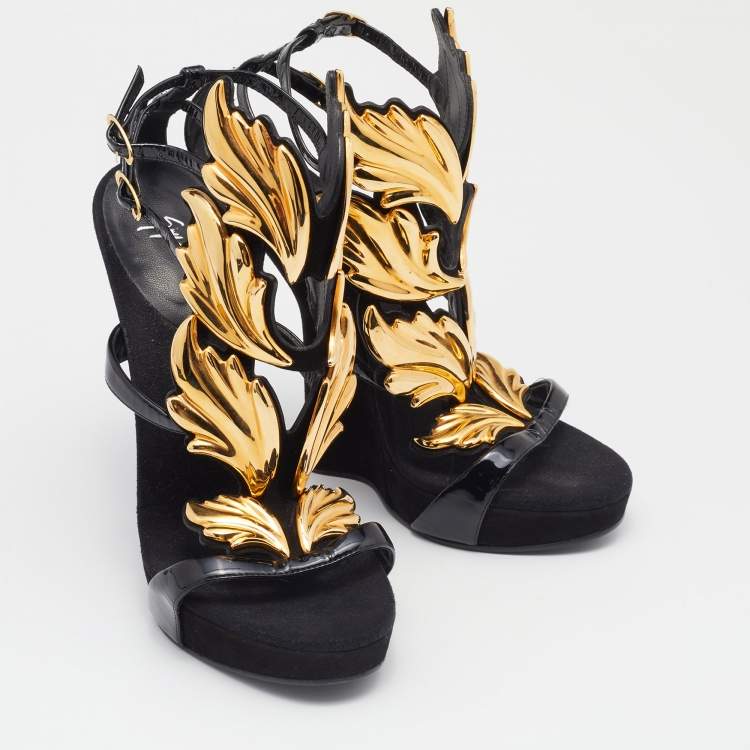 Pre Owned Giuseppe Zanotti Black/Gold Patent Leather and Suede Cruel Summer Sandals Size 39