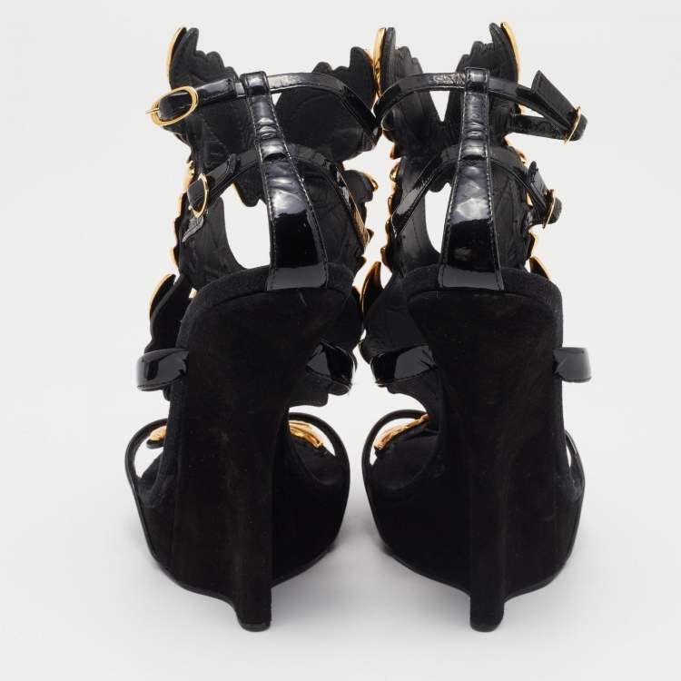 Pre Owned Giuseppe Zanotti Black/Gold Patent Leather and Suede Cruel Summer Sandals Size 39