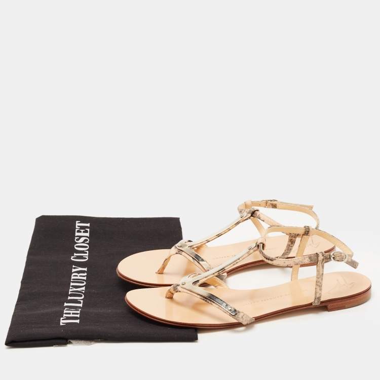 Pre Owned Giuseppe Zanotti Two Tone Lizard Embossed Leather Flat Ankle Strap Sandals Size 38.5