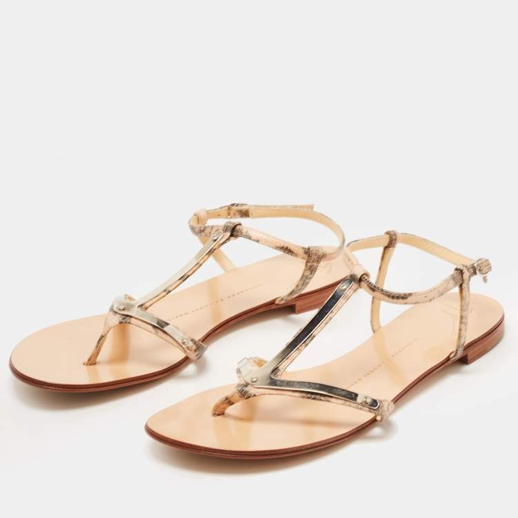 Pre Owned Giuseppe Zanotti Two Tone Lizard Embossed Leather Flat Ankle Strap Sandals Size 38.5