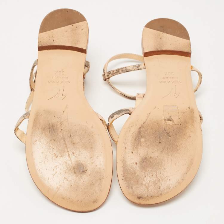 Pre Owned Giuseppe Zanotti Two Tone Lizard Embossed Leather Flat Ankle Strap Sandals Size 38.5