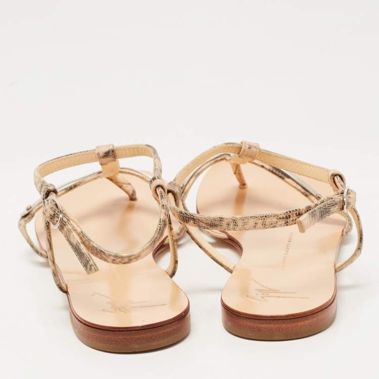 Pre Owned Giuseppe Zanotti Two Tone Lizard Embossed Leather Flat Ankle Strap Sandals Size 38.5
