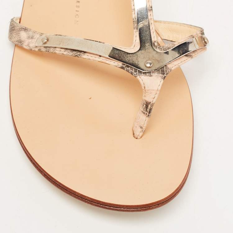 Pre Owned Giuseppe Zanotti Two Tone Lizard Embossed Leather Flat Ankle Strap Sandals Size 38.5