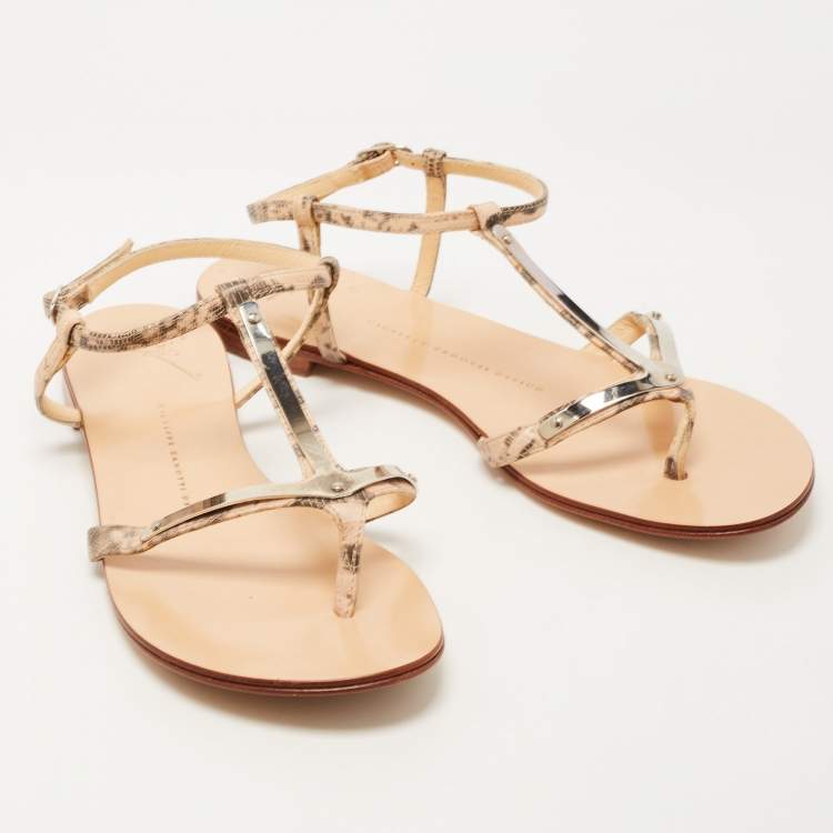 Pre Owned Giuseppe Zanotti Two Tone Lizard Embossed Leather Flat Ankle Strap Sandals Size 38.5