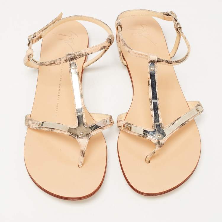 Pre Owned Giuseppe Zanotti Two Tone Lizard Embossed Leather Flat Ankle Strap Sandals Size 38.5