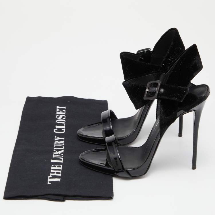 Pre Owned Giuseppe Zanotti Black Velvet and Patent Leather Ankle Strap Sandals Size 38