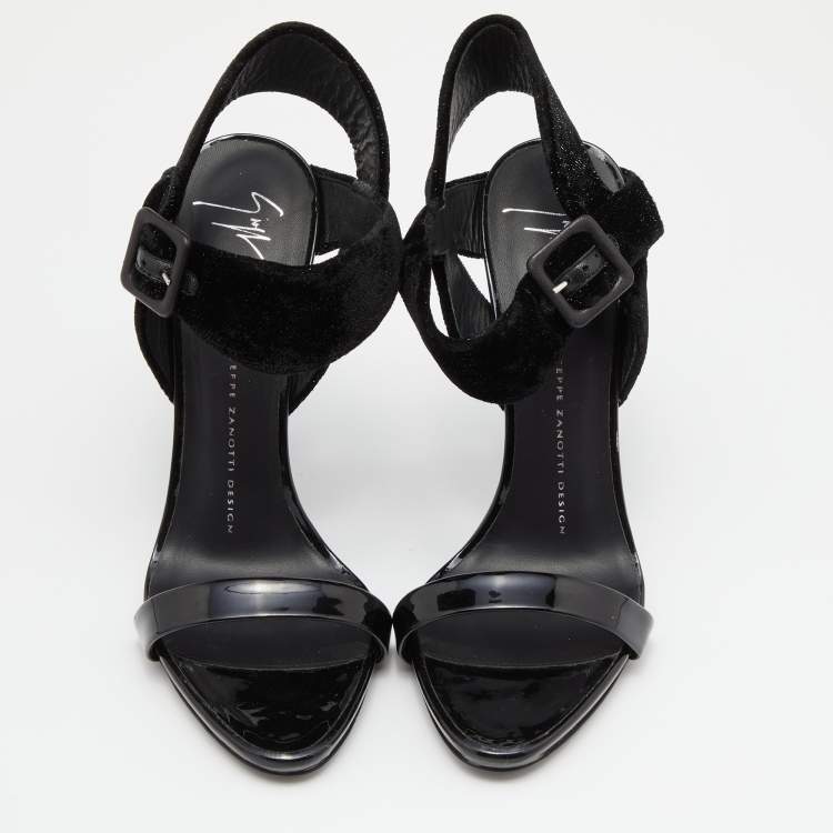 Pre Owned Giuseppe Zanotti Black Velvet and Patent Leather Ankle Strap Sandals Size 38