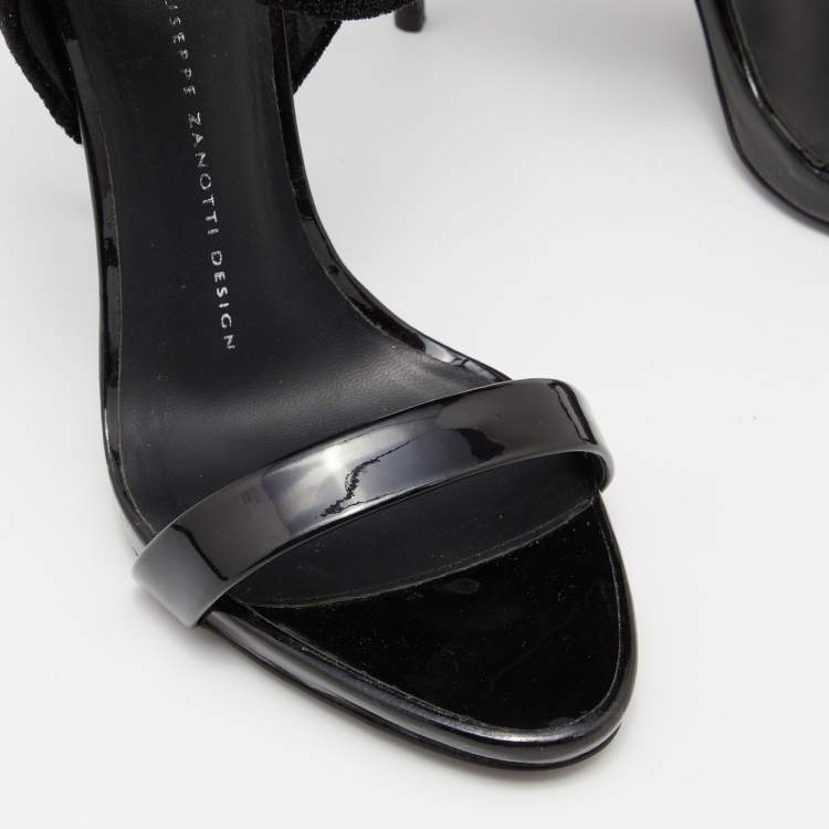 Pre Owned Giuseppe Zanotti Black Velvet and Patent Leather Ankle Strap Sandals Size 38