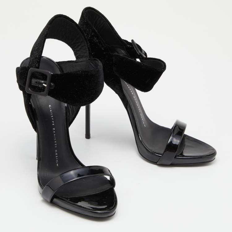 Pre Owned Giuseppe Zanotti Black Velvet and Patent Leather Ankle Strap Sandals Size 38